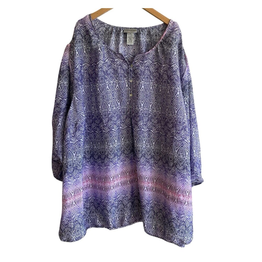 Catherines Popover Tunic Top Size 3X Lightweight Coastal Shimmer Puff Sleeve EUC